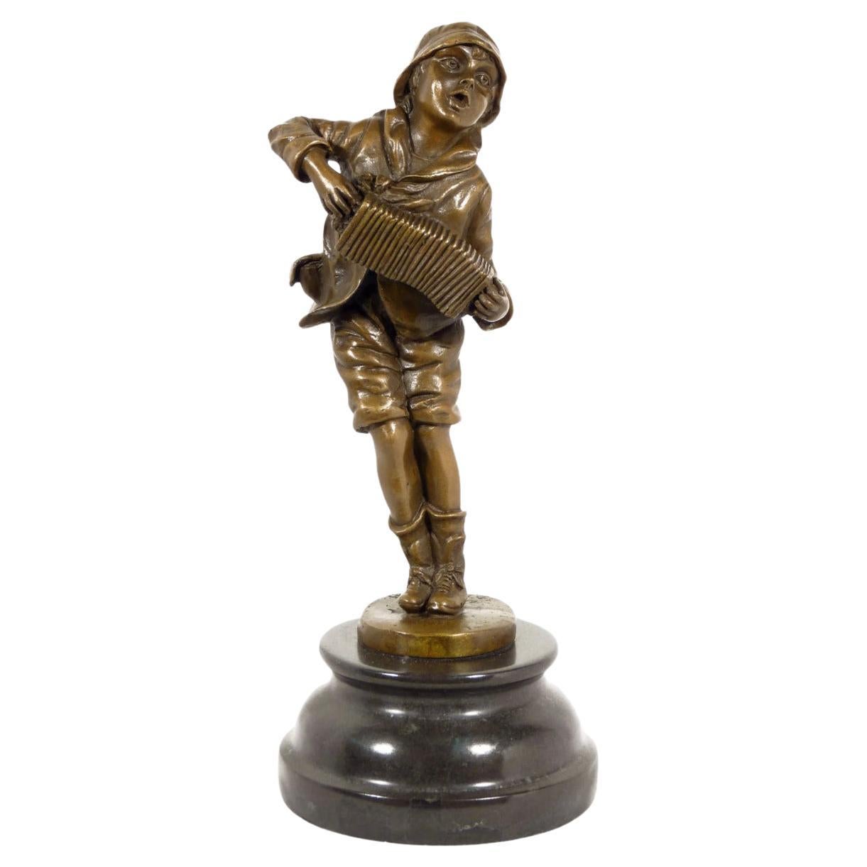 Bronze Sculpture of a Young Accordion Player, Art Deco style For Sale