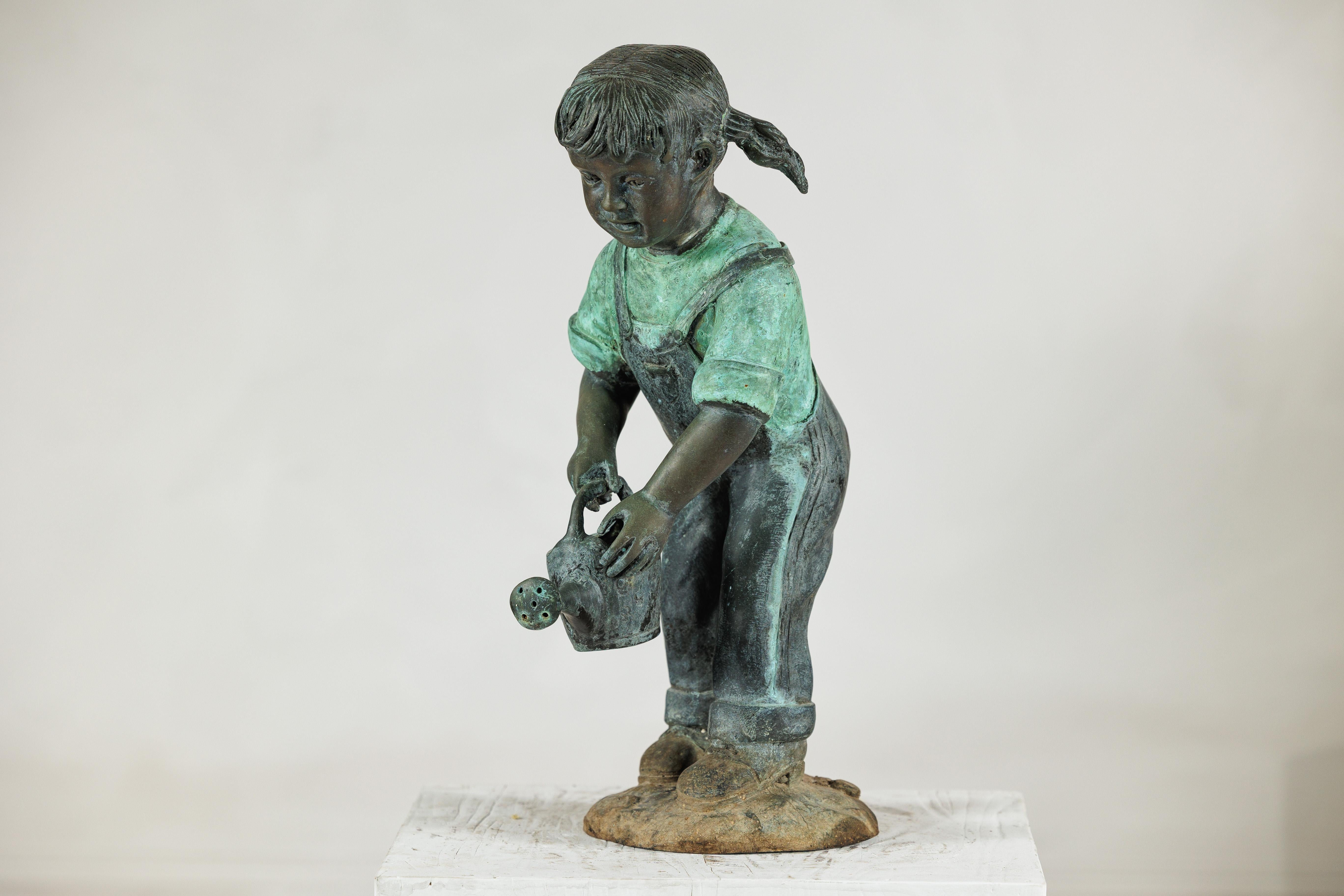 Bronze Sculpture of a Young Girl with Watering Can, Tubed as Fountain In Good Condition For Sale In Yonkers, NY