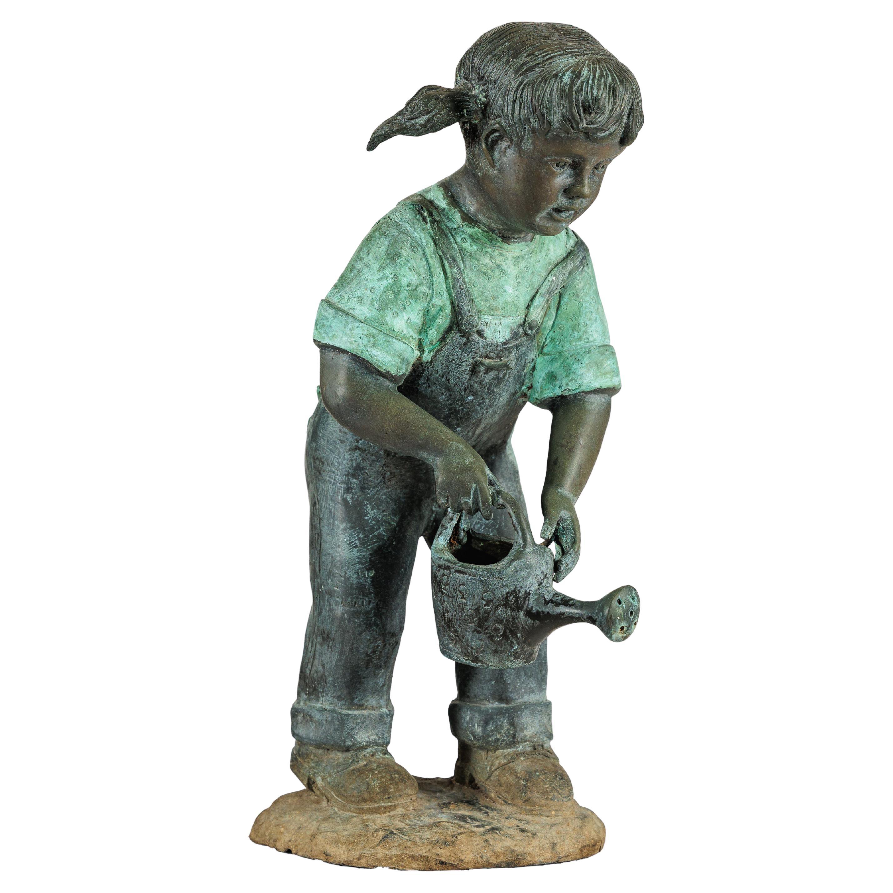 Bronze Sculpture of a Young Girl with Watering Can, Tubed as Fountain For Sale