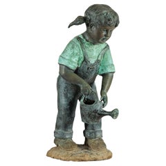Bronze Sculpture of a Young Girl with Watering Can, Tubed as Fountain