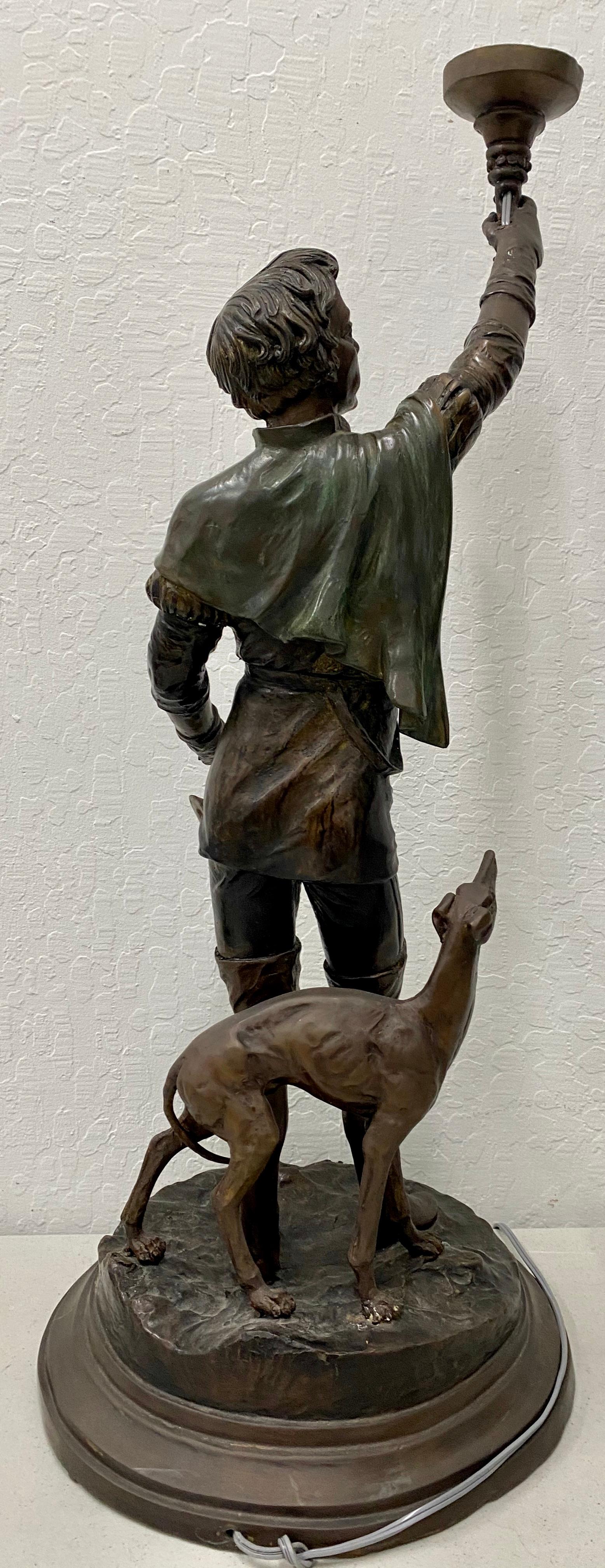 20th Century Bronze Sculpture of a Young Man with a Greyhound Converted to Table Lamp For Sale