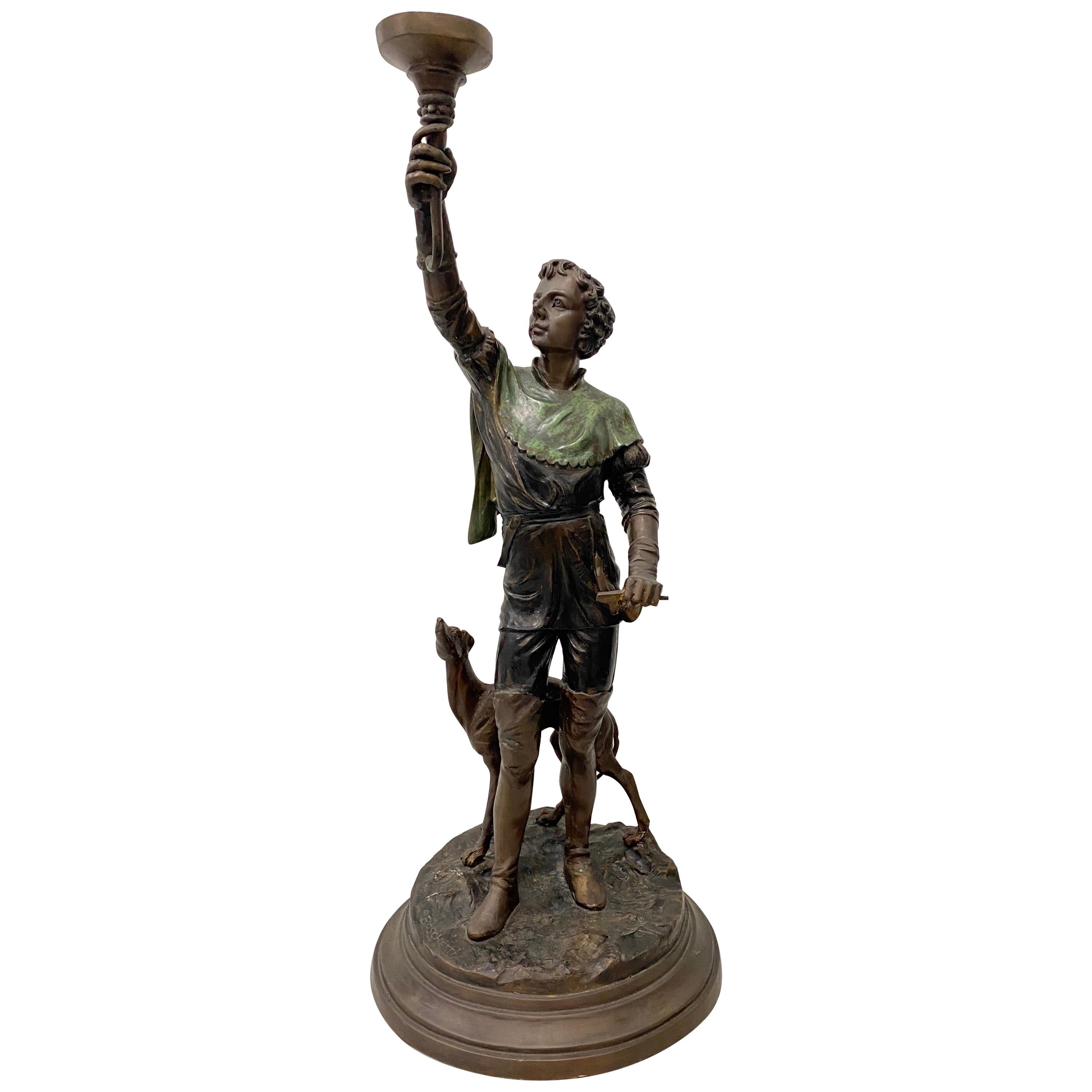 Sculpture en bronze d'un jeune homme avec un lévrier transformé en lampe de bureau en vente
