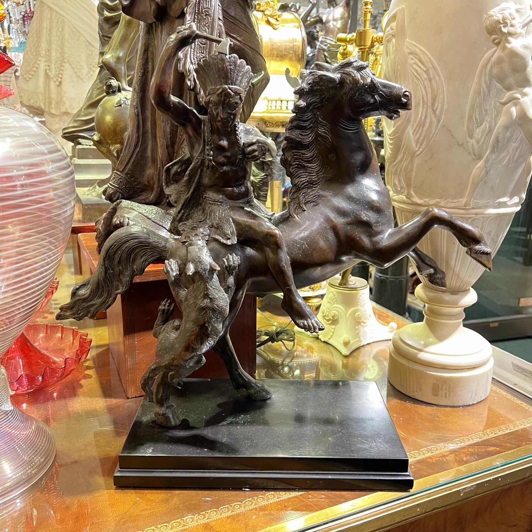 Bronze Sculpture of american Indian Fighting Off Mountain Lion  In Good Condition For Sale In New York, NY