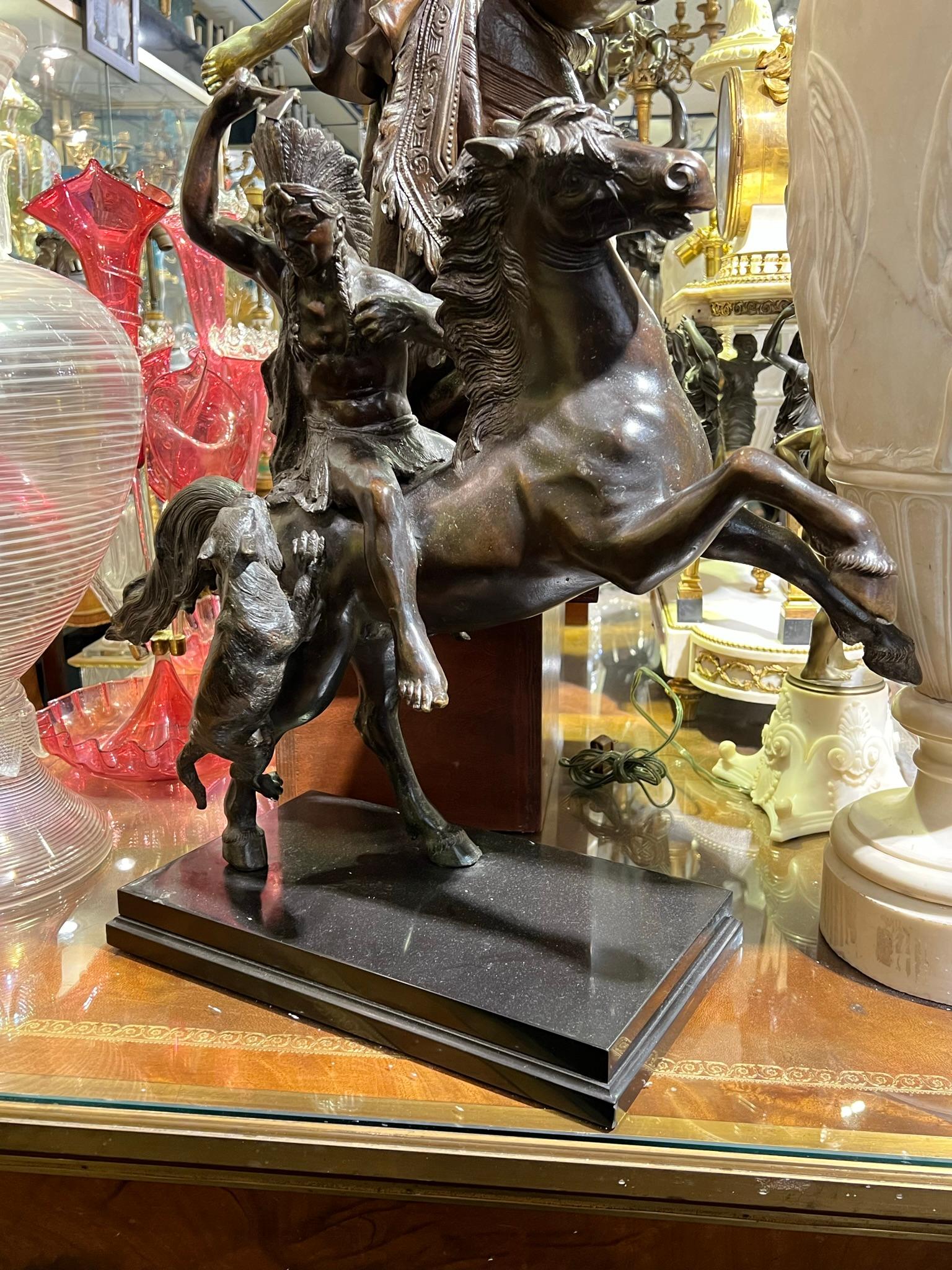 20th Century Bronze Sculpture of american Indian Fighting Off Mountain Lion  For Sale