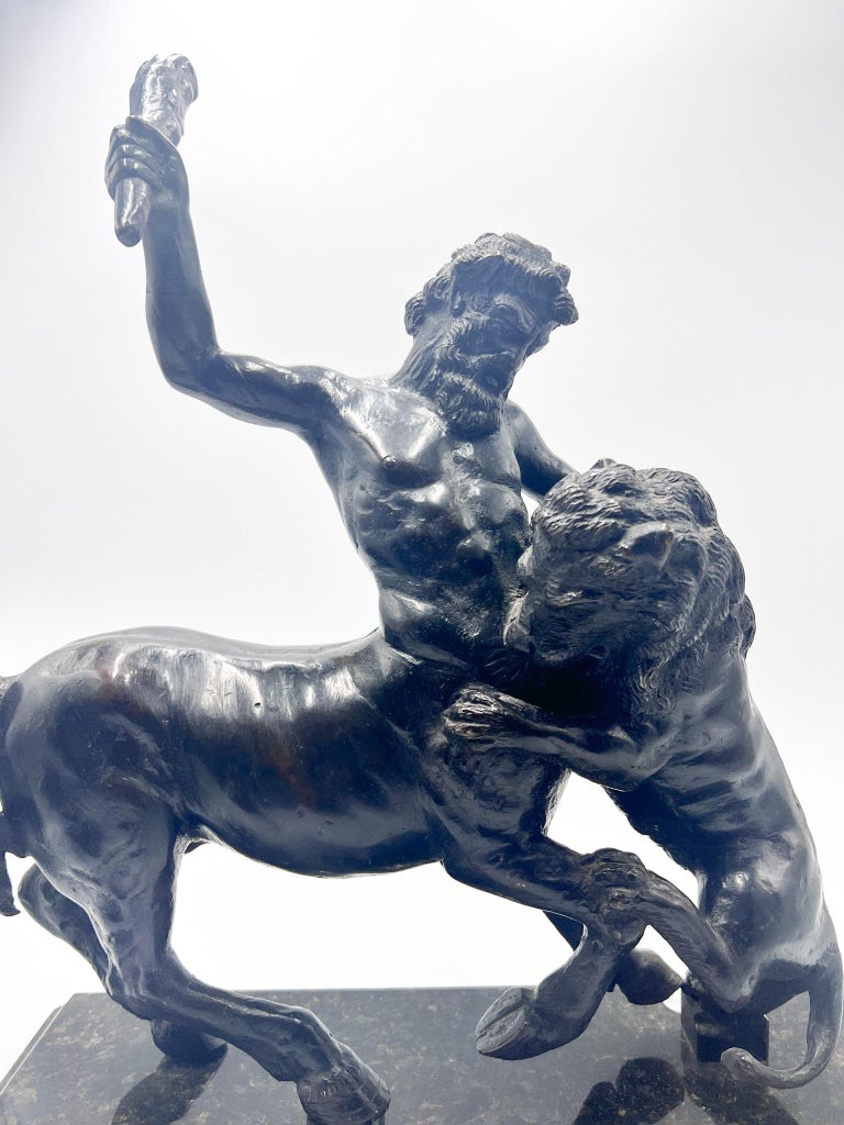 Bronze Sculpture of Centaur Fighting with Lion with Marble Base from