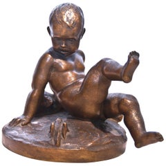 Bronze Sculpture of Child with Teddy Bear and Grasshopper by Pietro Piraino