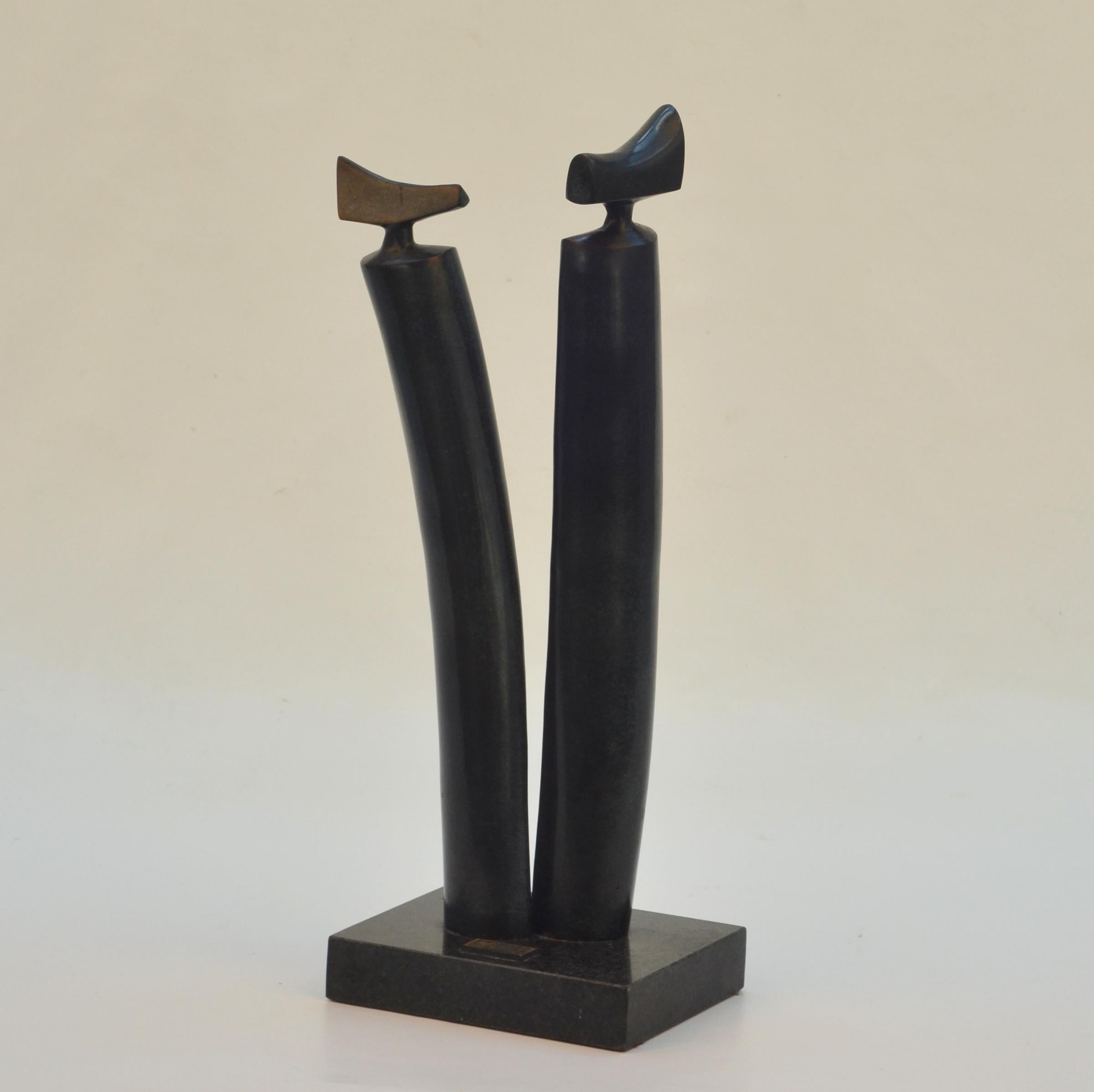 Mid-Century Modern Bronze Sculpture of Elongated Male and Female on Marble Plinth For Sale