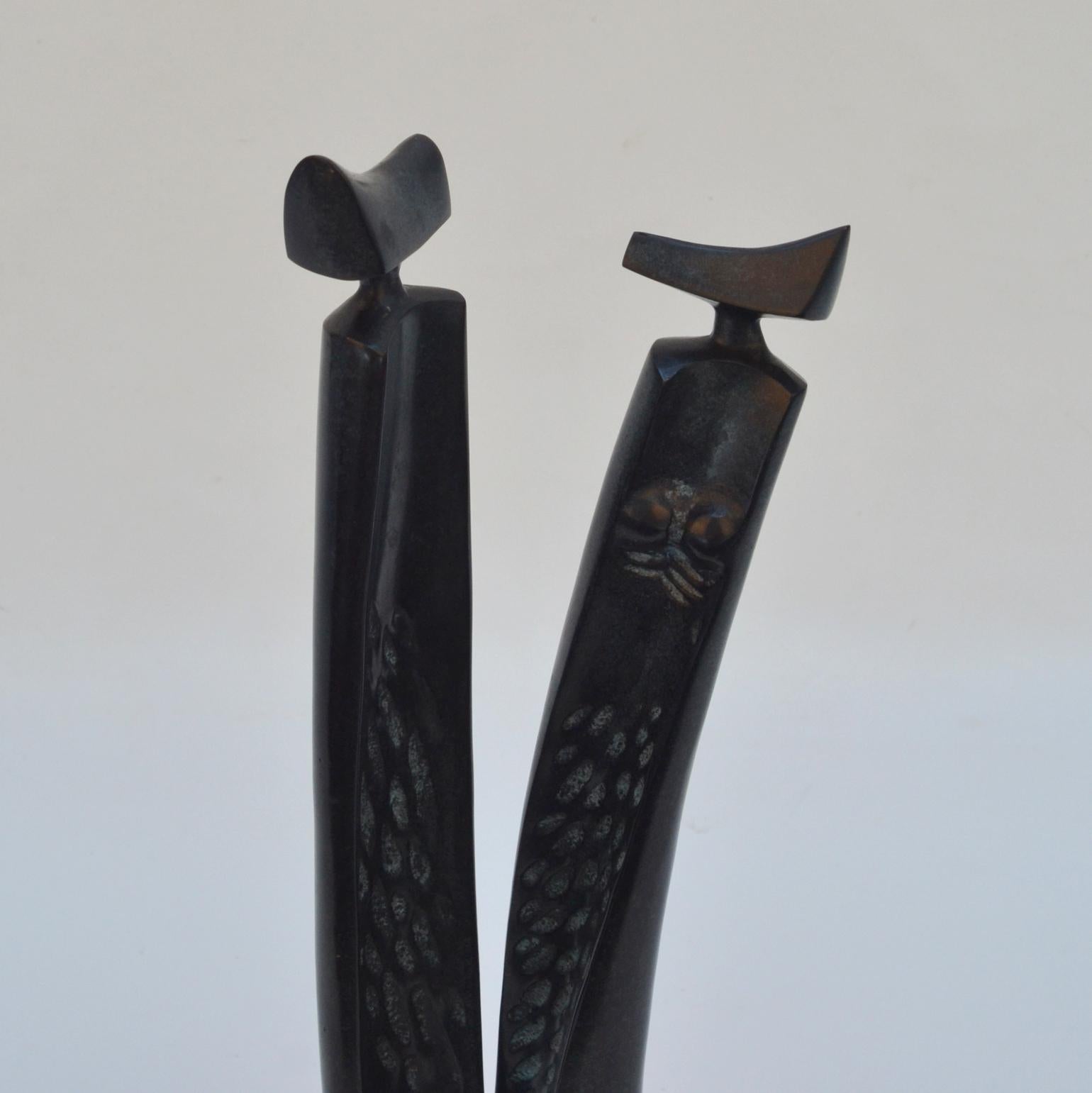 Late 20th Century Bronze Sculpture of Elongated Male and Female on Marble Plinth For Sale