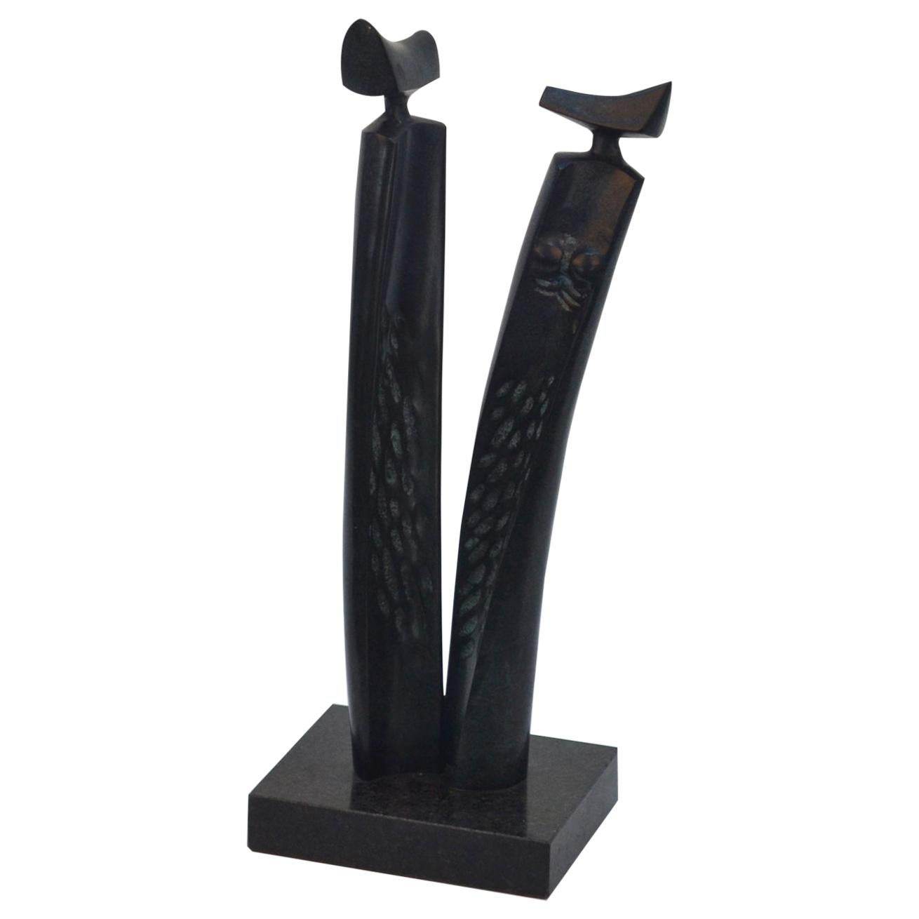 Bronze Sculpture of Elongated Male and Female on Marble Plinth