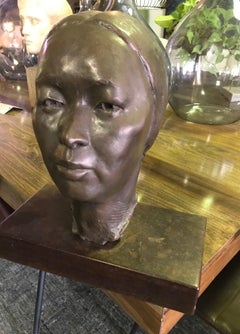 Bronze Sculpture of Head Bust of Japanese Woman in the Style of Isamu Noguchi