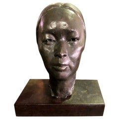 Bronze Sculpture of Head Bust of Japanese Woman in the Style of Isamu Noguchi