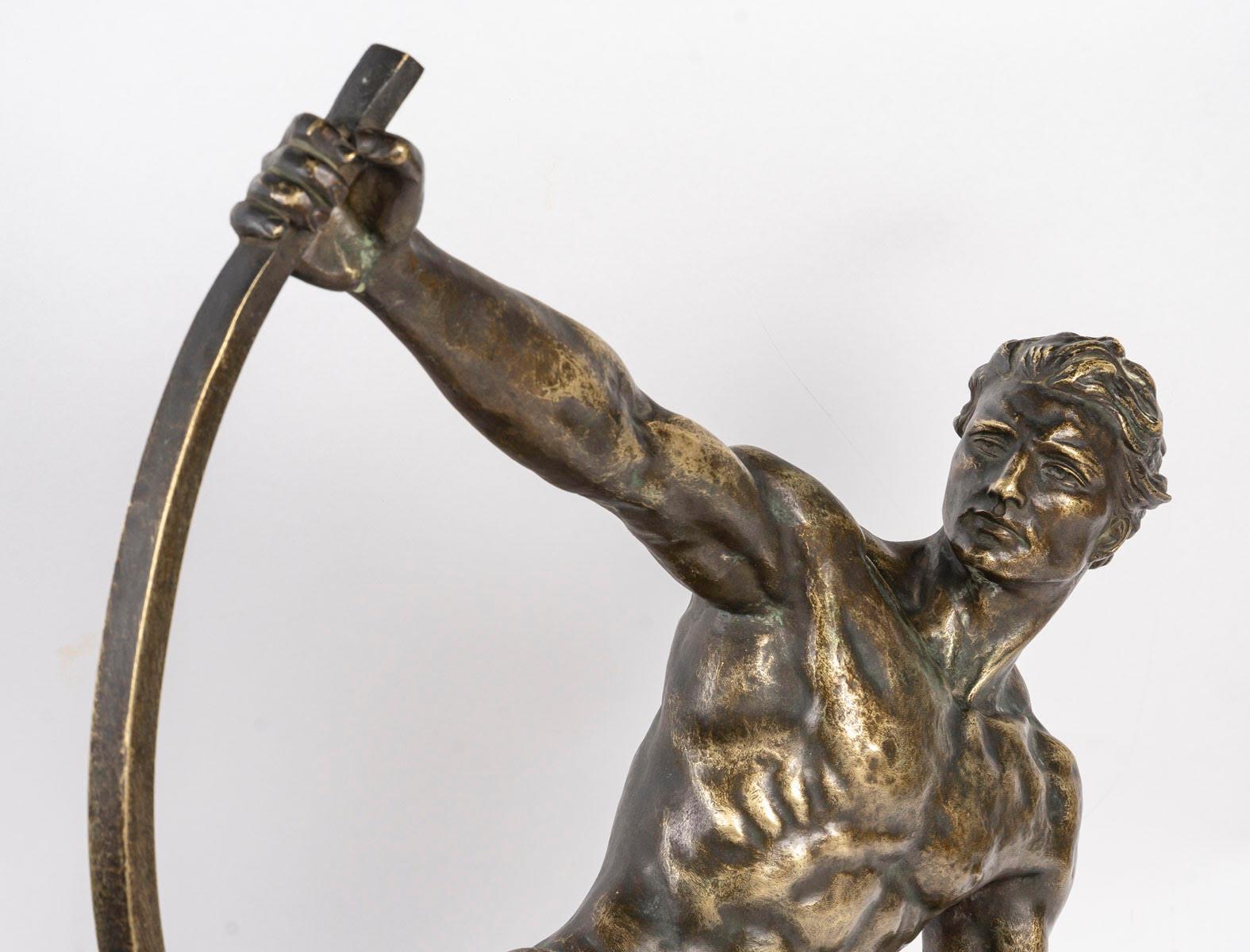 Bronze Sculpture of Heracles, Marble base, Early 20th Century. In Good Condition For Sale In Saint-Ouen, FR