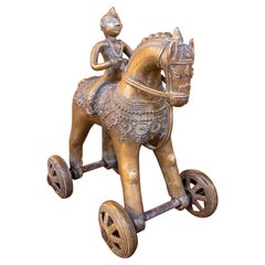 Bronze Sculpture of Horse and Rider on Wheels, Tribal Style, 1930