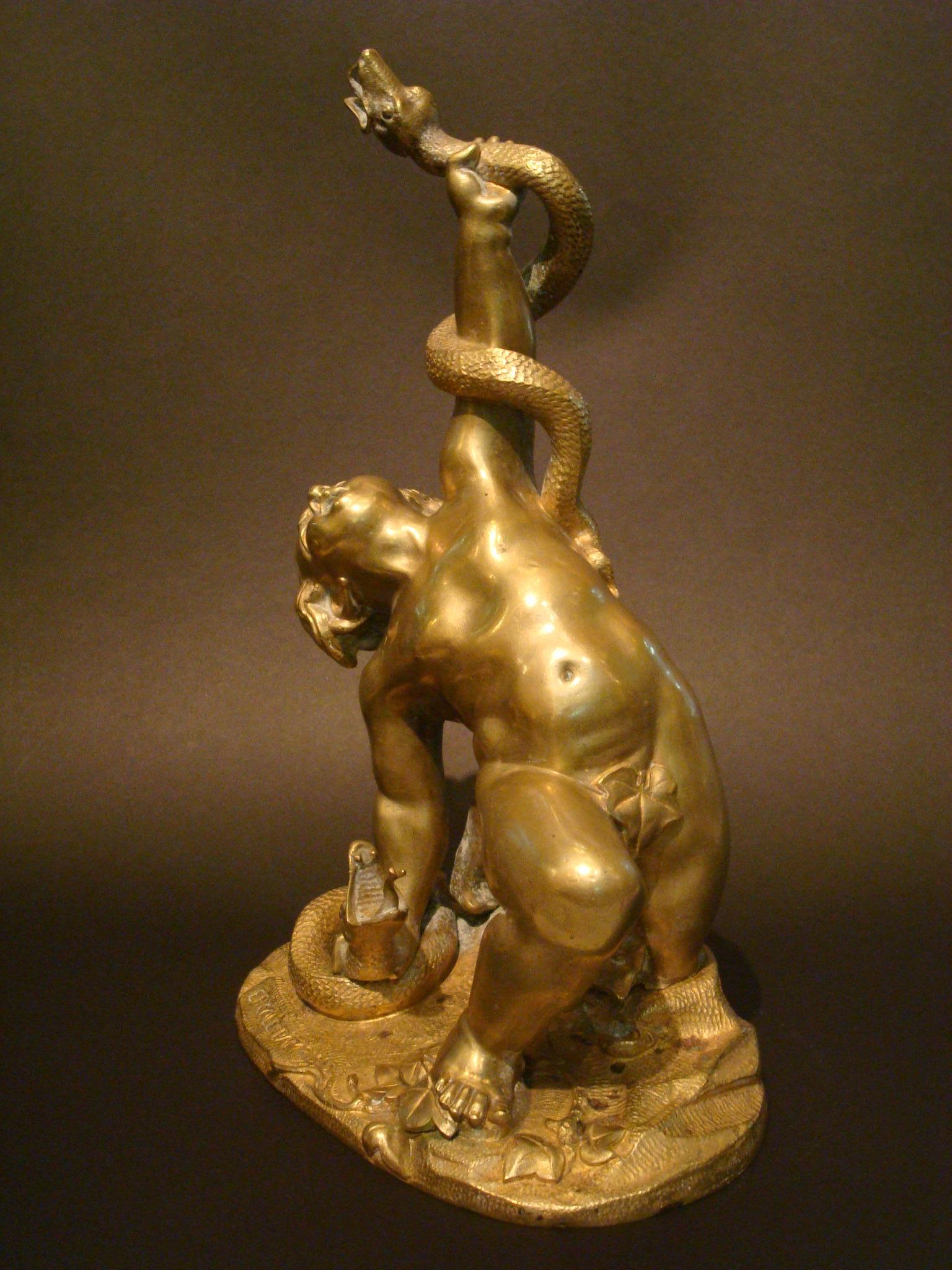 A bronze sculpture figure representing Hercules as a young child wrestling two snakes.
Marked Ercole Bambino. Fantastic details.
Hércules / Heracles had a god as one of his parents, being the son of Júpiter / Zeus and a mortal woman named Alcmene.