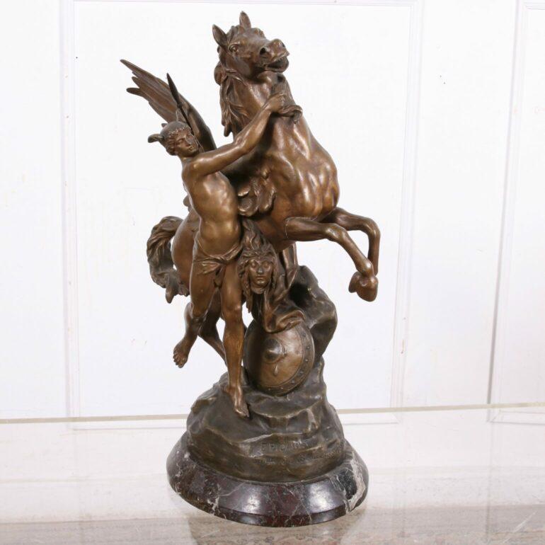 Perseus and Pegasus, by Emile Picault, is an important bronze inspired by Greek mythology, was cast in a Parisian foundry in the early twentieth century after the original, presented at the Salon des Beaux-Arts in 1888. Having a beautiful, nuanced
