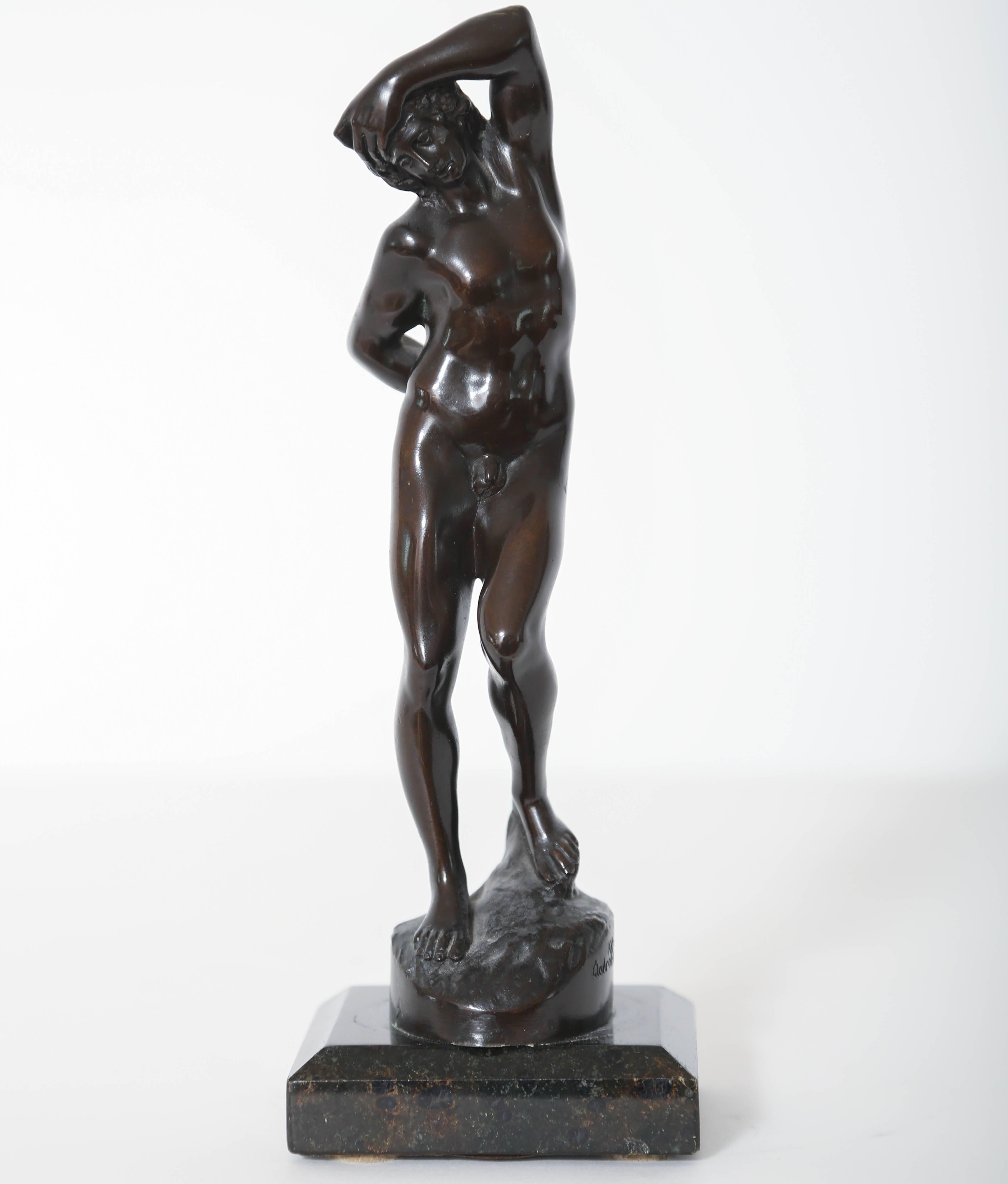 This cast bronze model of a nude youth, probably Narcissus, after Barthelmy Prieur (1536-1611) was made in Germany, circa 1900. Mounted on marble base.

Signed Akt(ien) Gesellschaft Gladenbeck Berlin. This foundry was active in Berlin from