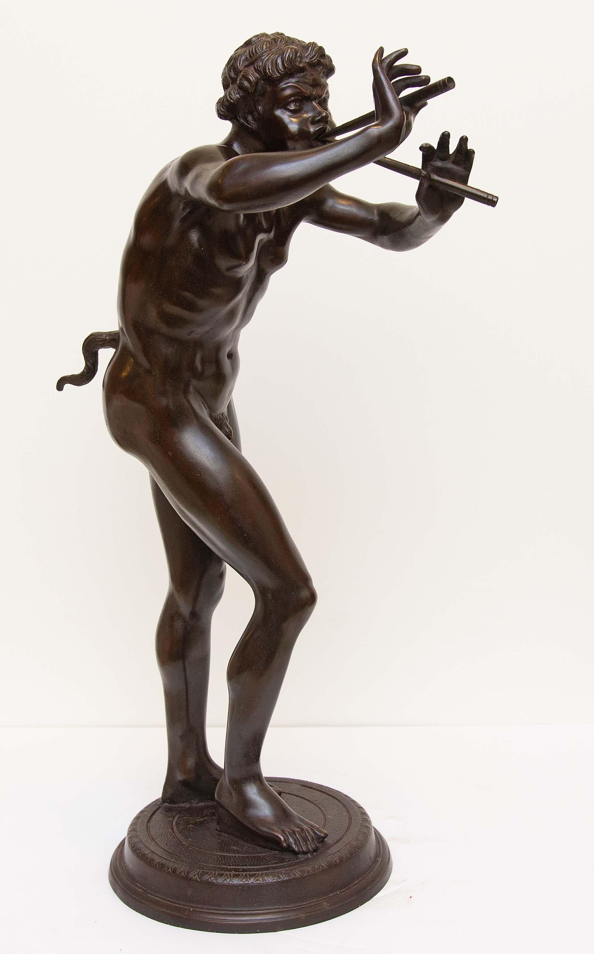 Patinated Bronze Statue of Pan Playing the Flute