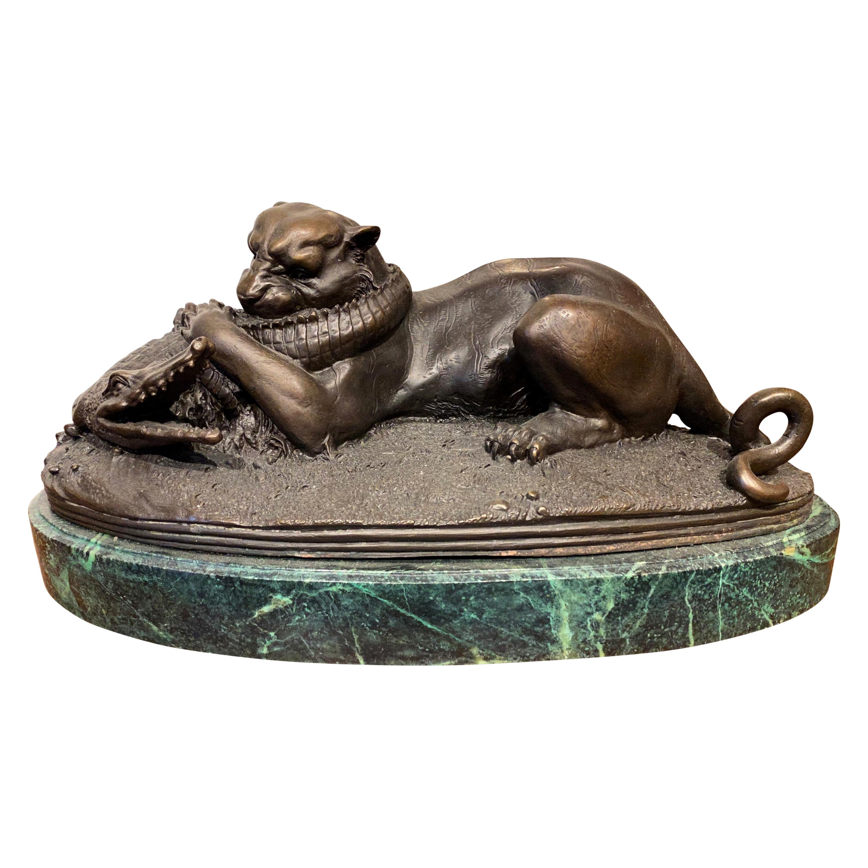 Bronze Sculpture of Panther and Crocodile Fight, 20th Century For Sale