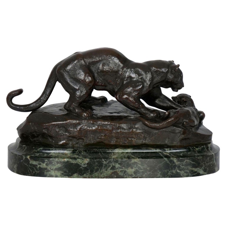 Bronze Sculpture of "Panther Attacking Civet Cat" by Antoine-Louis Barye For Sale