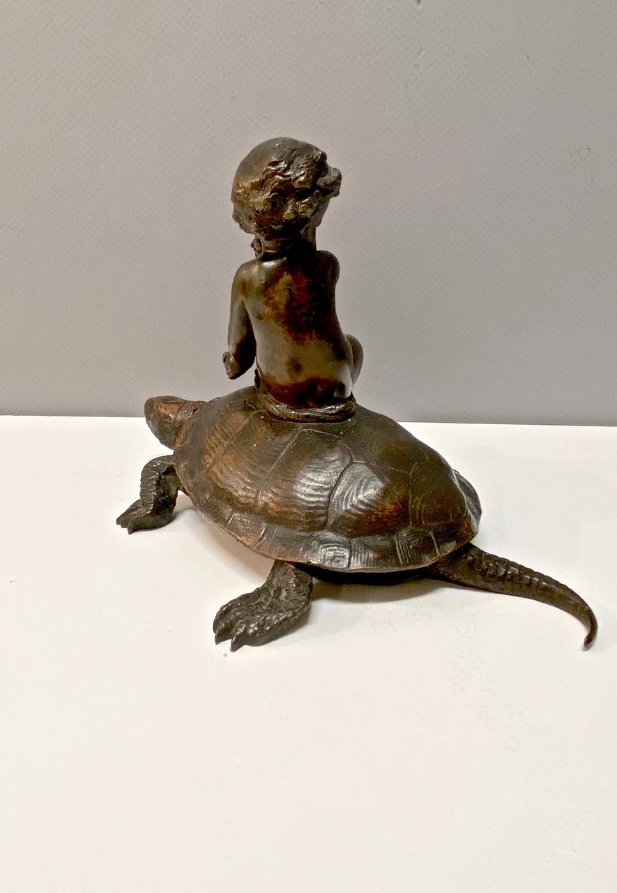 Rococo Bronze Sculpture of Putti on Tortoise For Sale