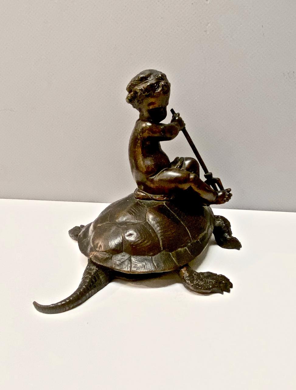 French Bronze Sculpture of Putti on Tortoise For Sale