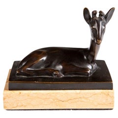 Bronze Sculpture of Reclining Deer by J. Miller on Marble Base