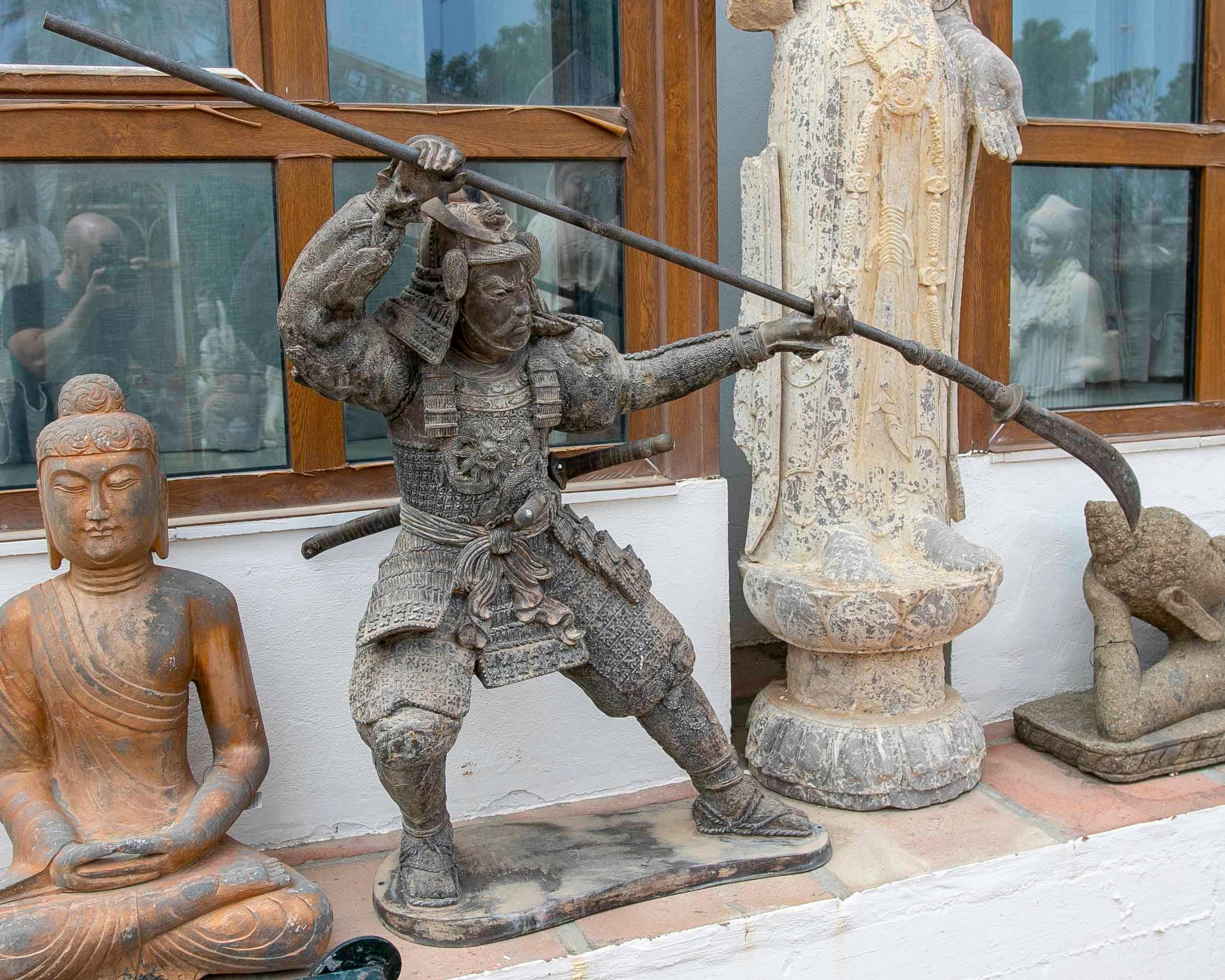 Asian Bronze Sculpture of Samurai with Spear in Attacking Position For Sale