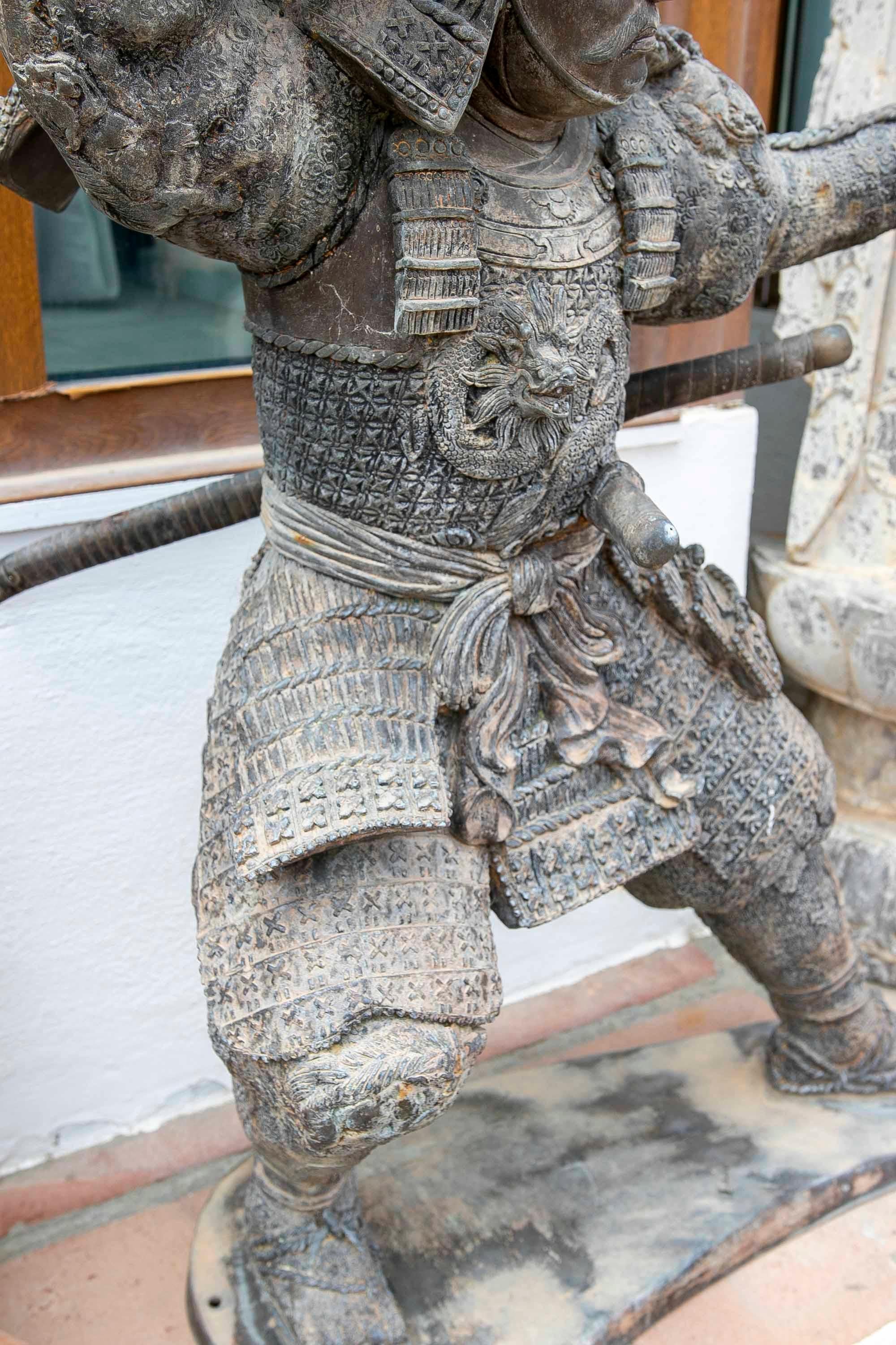 20th Century Bronze Sculpture of Samurai with Spear in Attacking Position For Sale