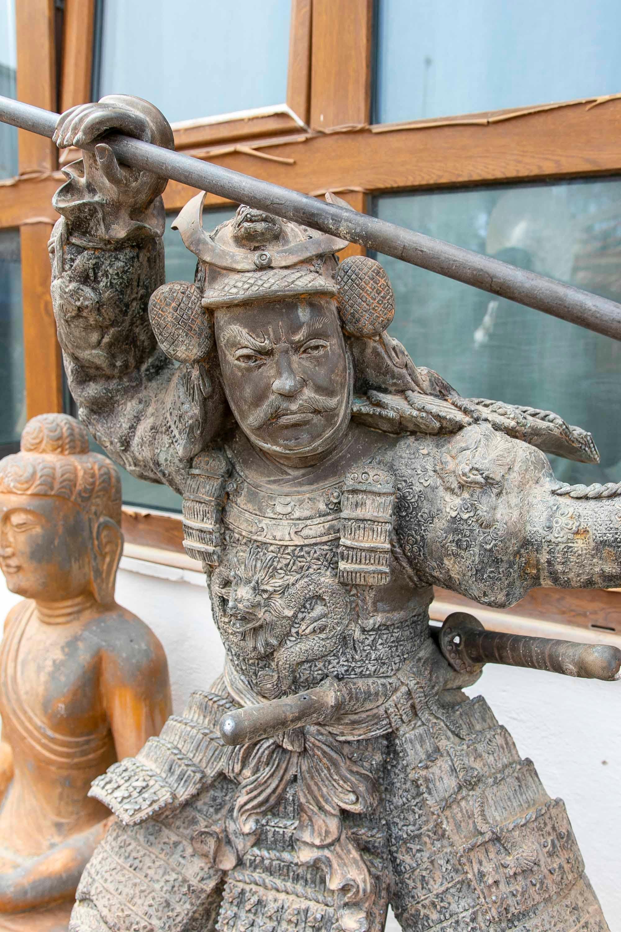 Bronze Sculpture of Samurai with Spear in Attacking Position For Sale 4