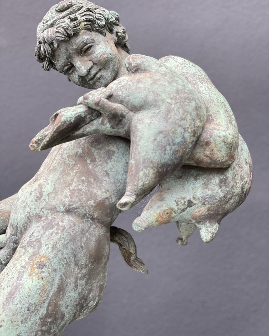 European Bronze Sculpture of Satyr with Wineskin After an Antique Original, 19th Century For Sale