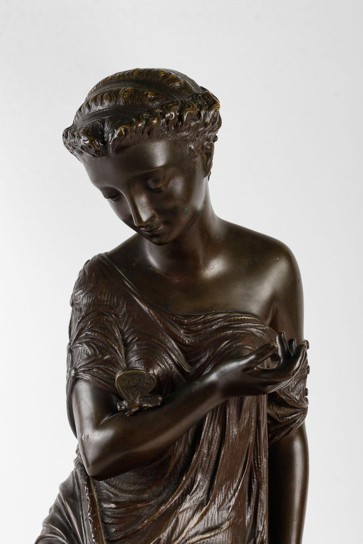 Bronze sculpture of the Artist Joseph Charles de Blezer.

Bronze sculpture from the 19th century, Napoleon III period by Joseph Charles de Blezer (1828-1884).    
h: 49cm , w: 21cm, d: 23cm