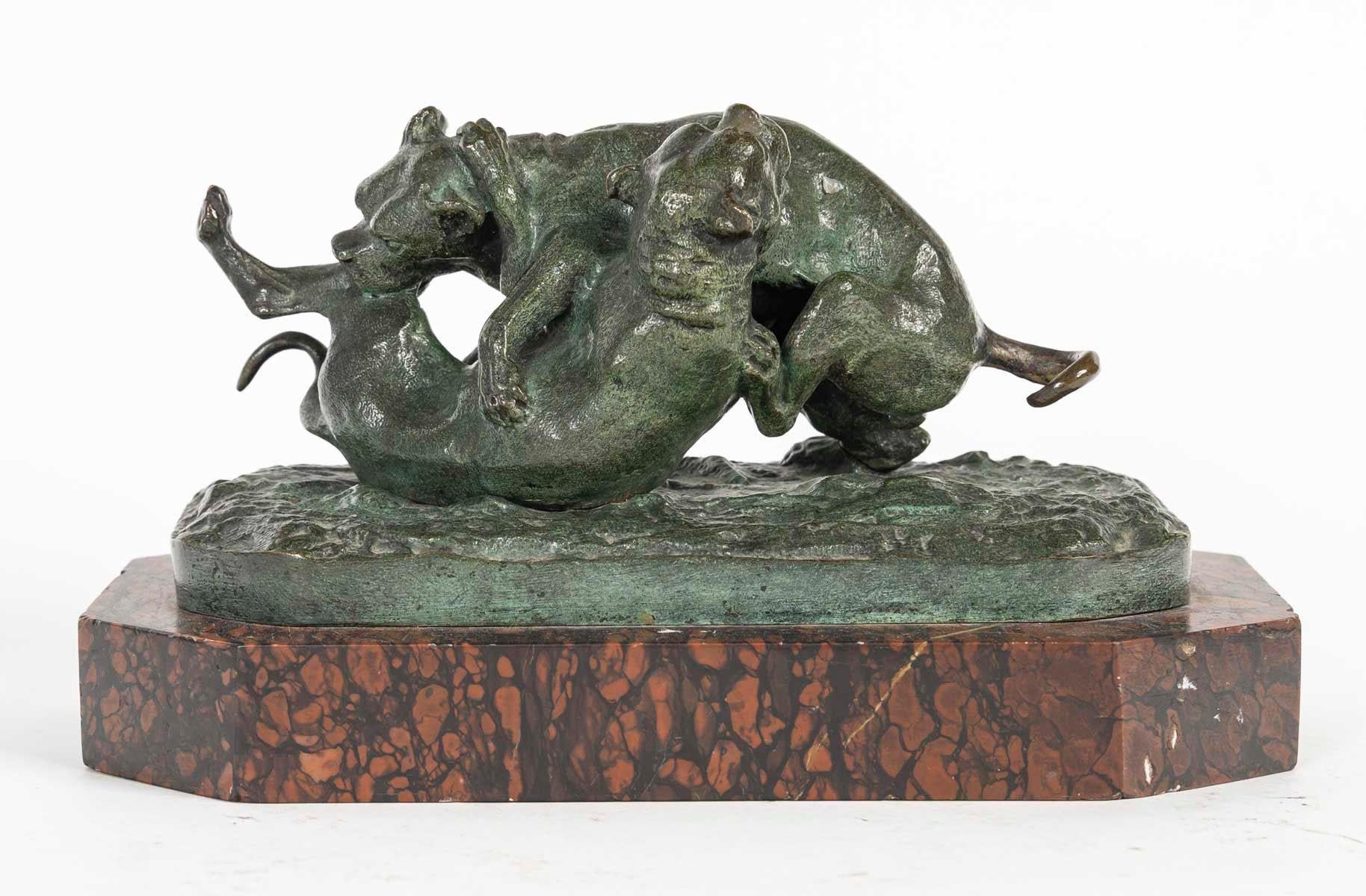 Napoleon III Bronze Sculpture of two Dogs Playing on a Marble Base,  Napoleon II Period. For Sale