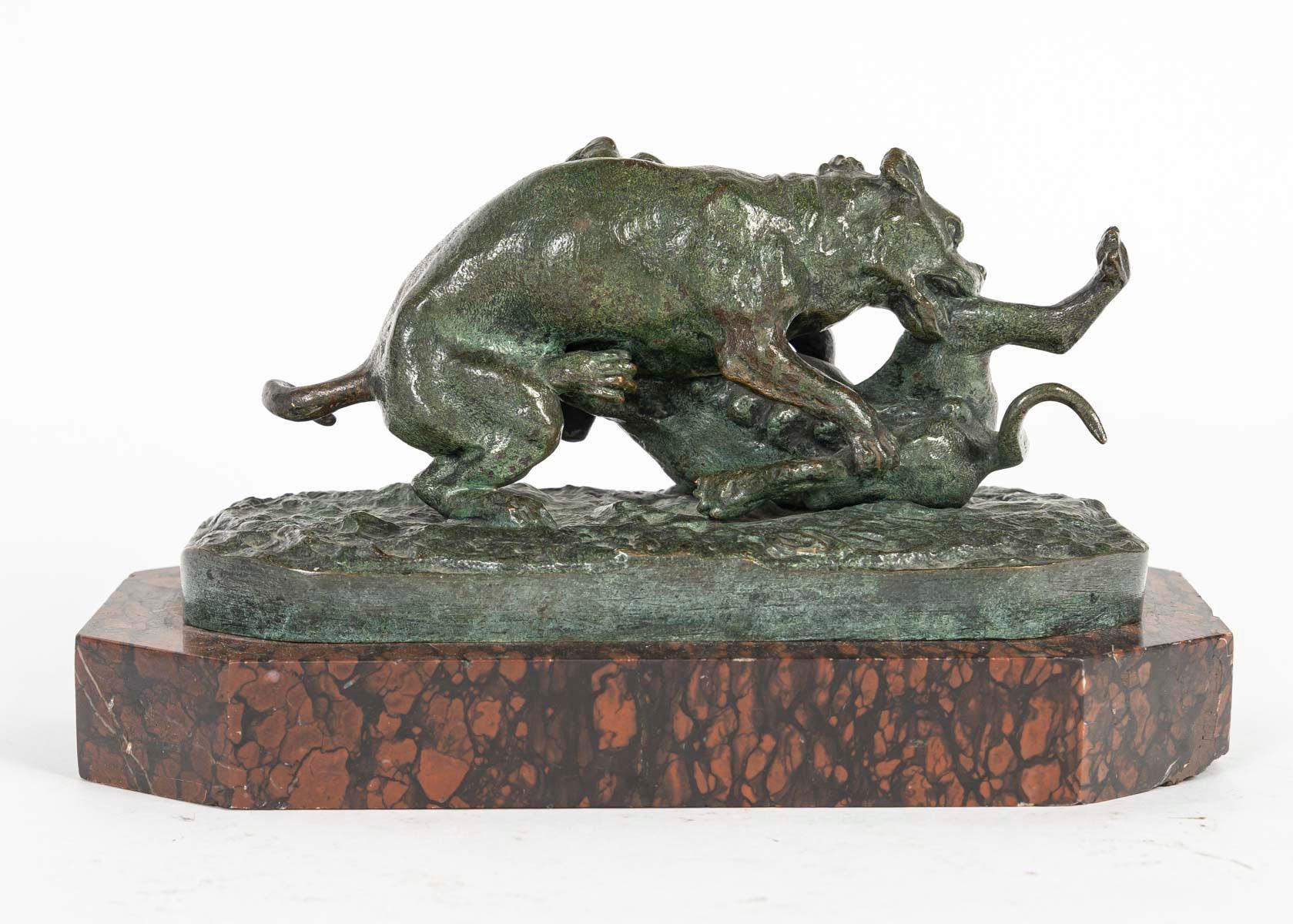 French Bronze Sculpture of two Dogs Playing on a Marble Base,  Napoleon II Period. For Sale