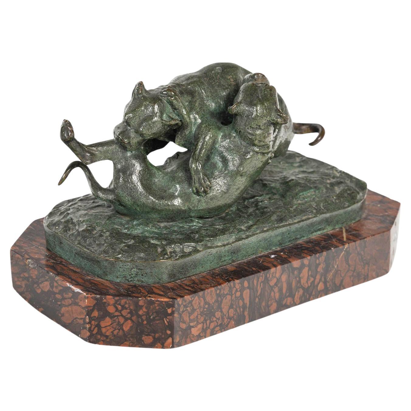 Bronze Sculpture of two Dogs Playing on a Marble Base,  Napoleon II Period. For Sale