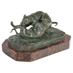 Bronze Sculpture of two Dogs Playing on a Marble Base,  Napoleon II Period.