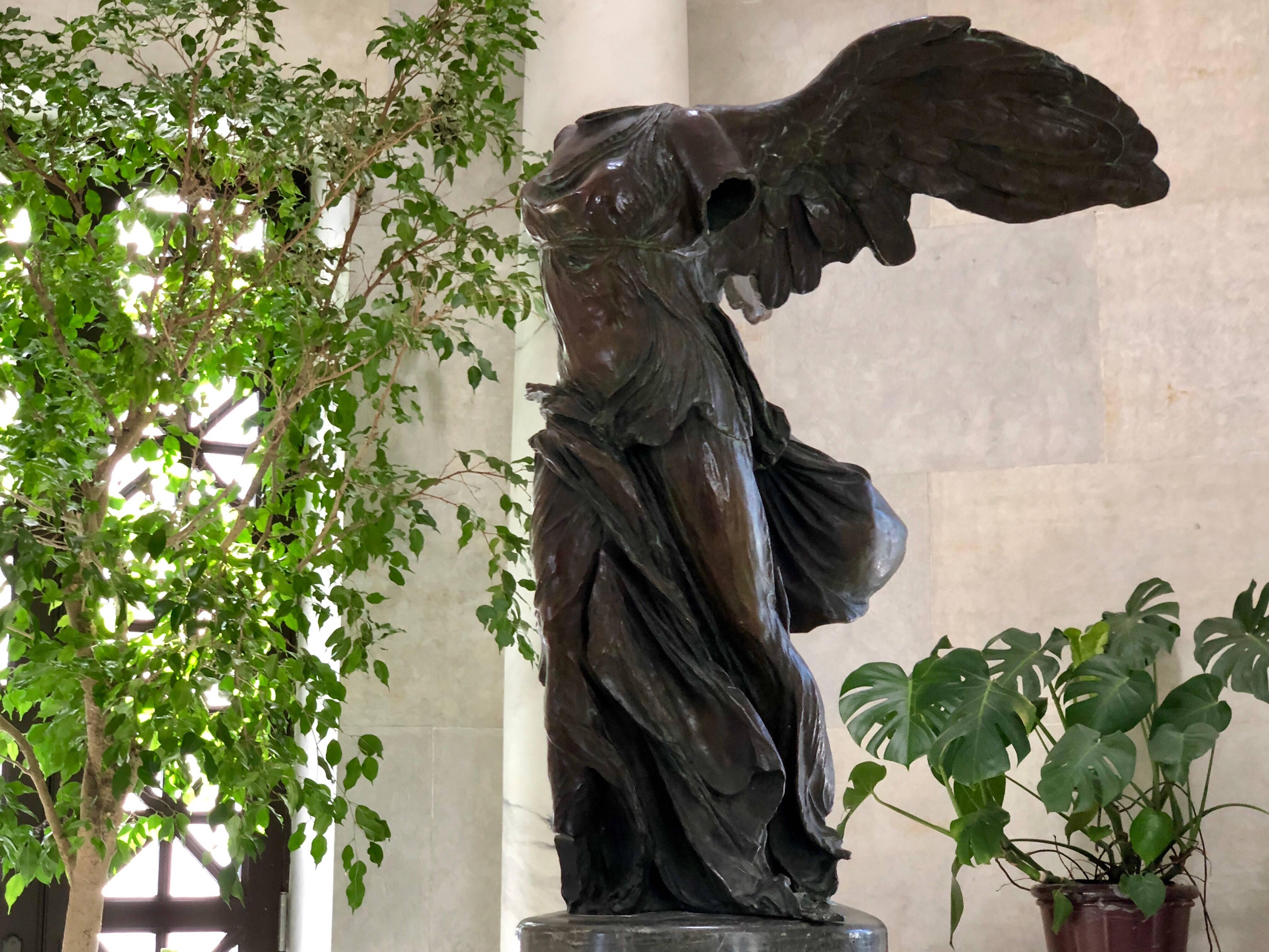 This is a stunning bronze example of the Winged Victory of Samothrace, also called the Nike of Samothrace.
The original is made of marble of the Hellenistic Period, 2nd century BC and graces the stairway entrance to the Antiquities Gallery of the