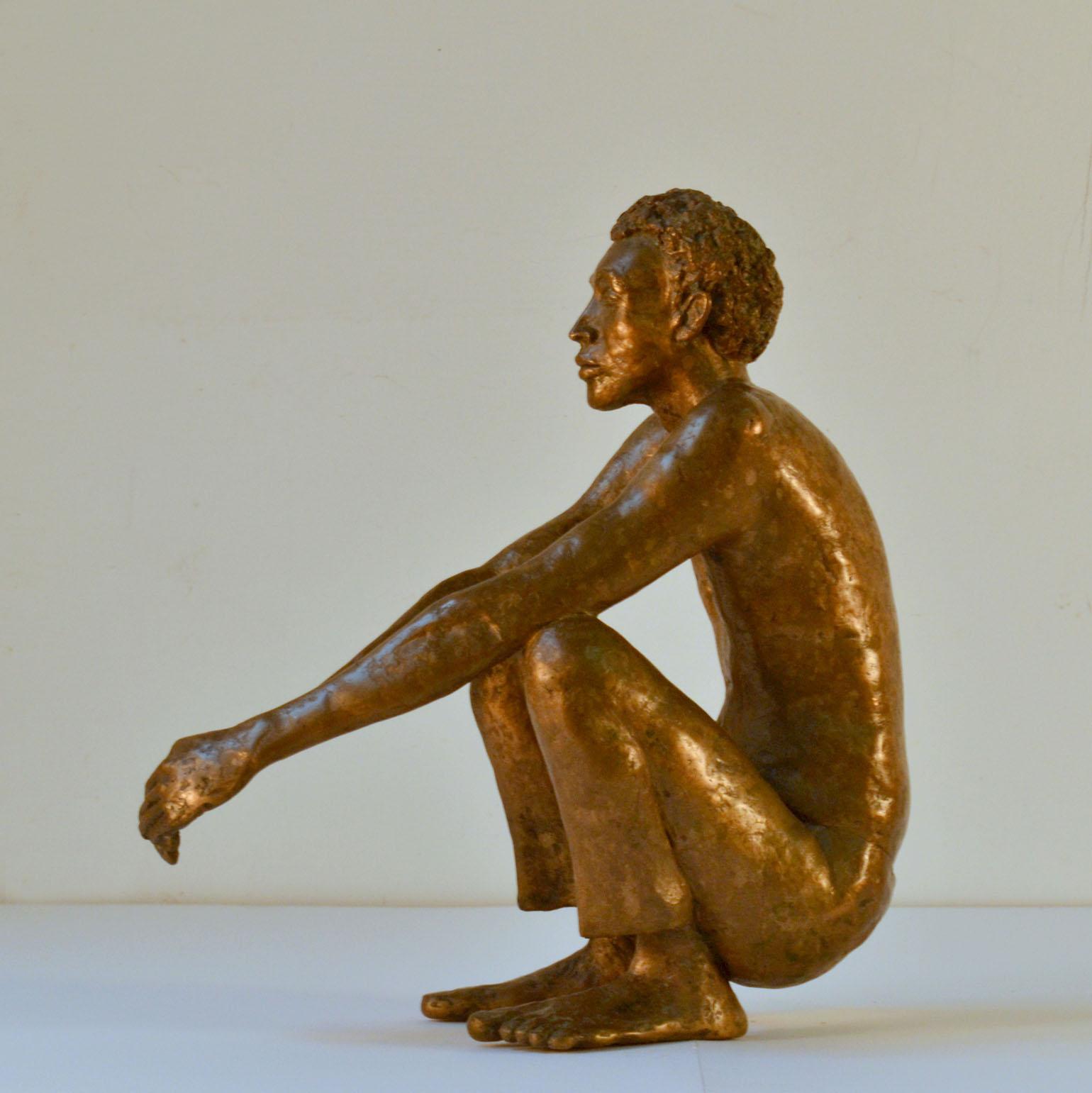Waiting man, bronze cast sculpture of a seated man by Dutch Artist Lies Gronheid, Amsterdam, 1986.
It is of a man seated in the action of anticipation whether staying or delaying movement in time and space. There are many unanswered questions to