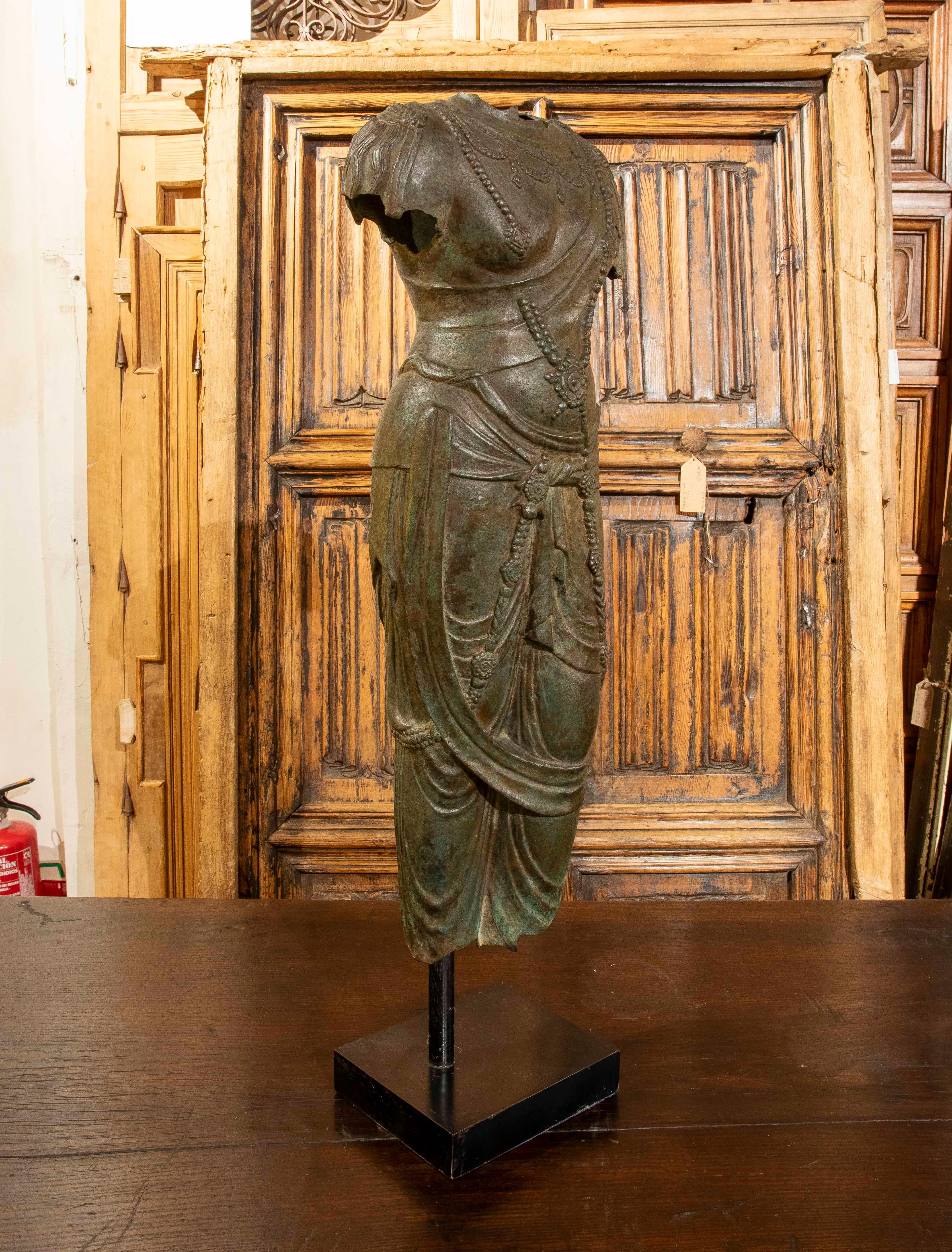 Indian Bronze Sculpture of Woman in Oriental Costume on Wooden Base For Sale
