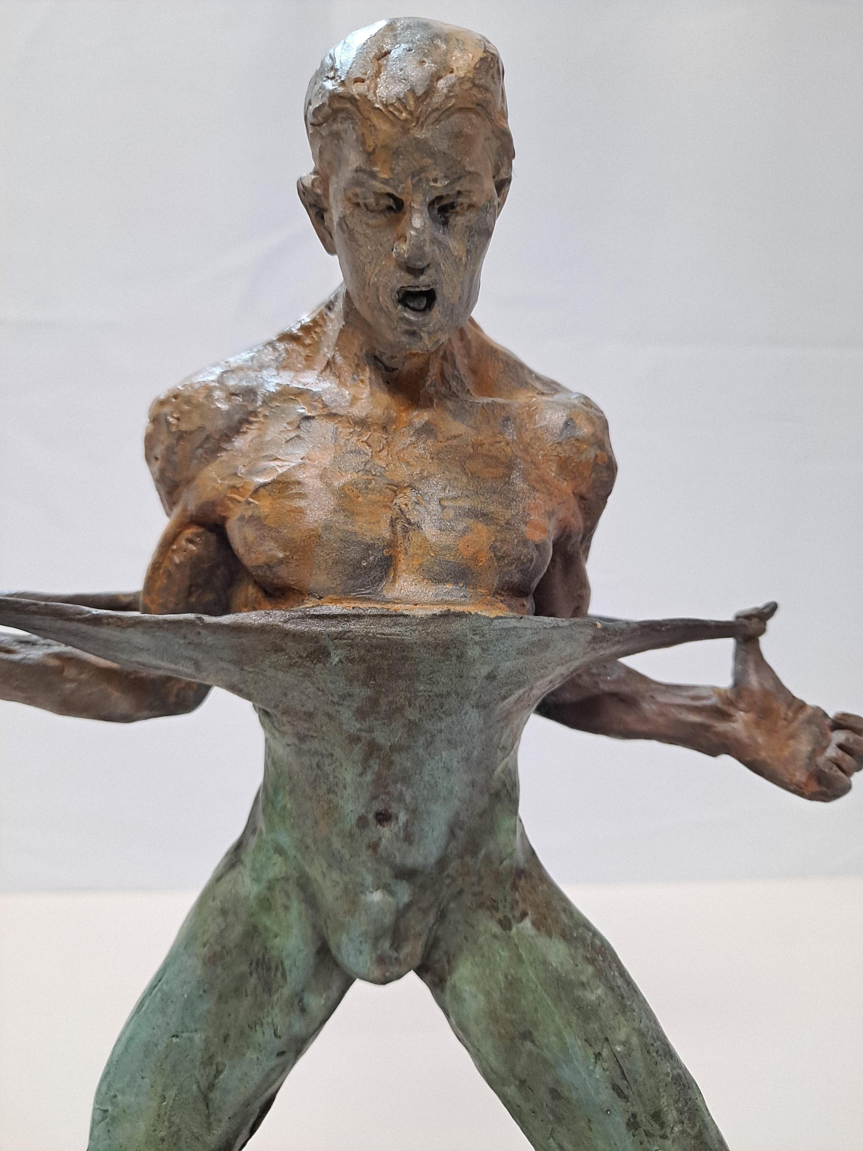 Sculpture en bronze d'un lutteur signée « Fisher » avec base en marbre en vente 1