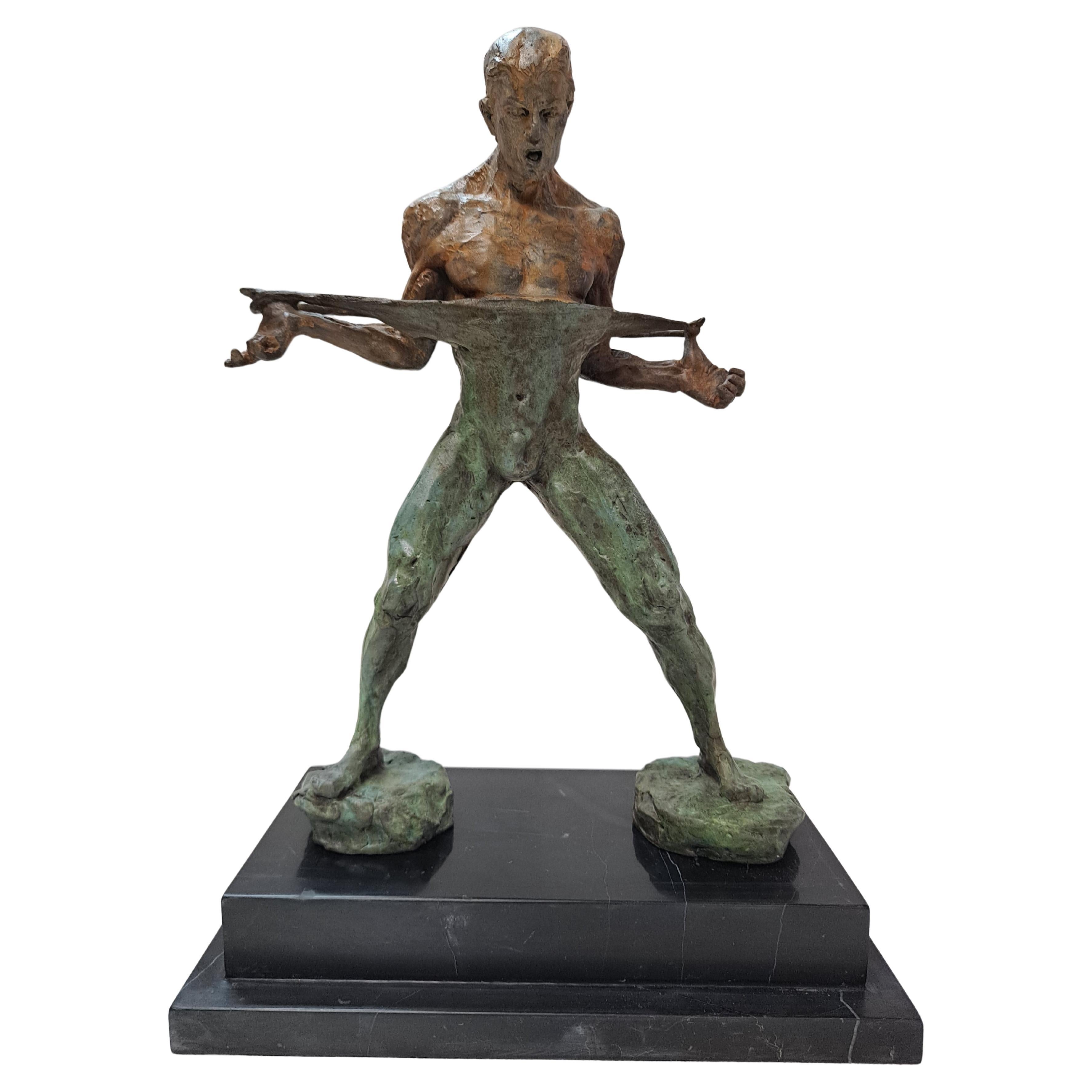 Bronze Sculpture of Wrestler Signed "Fisher" With Marble Base For Sale