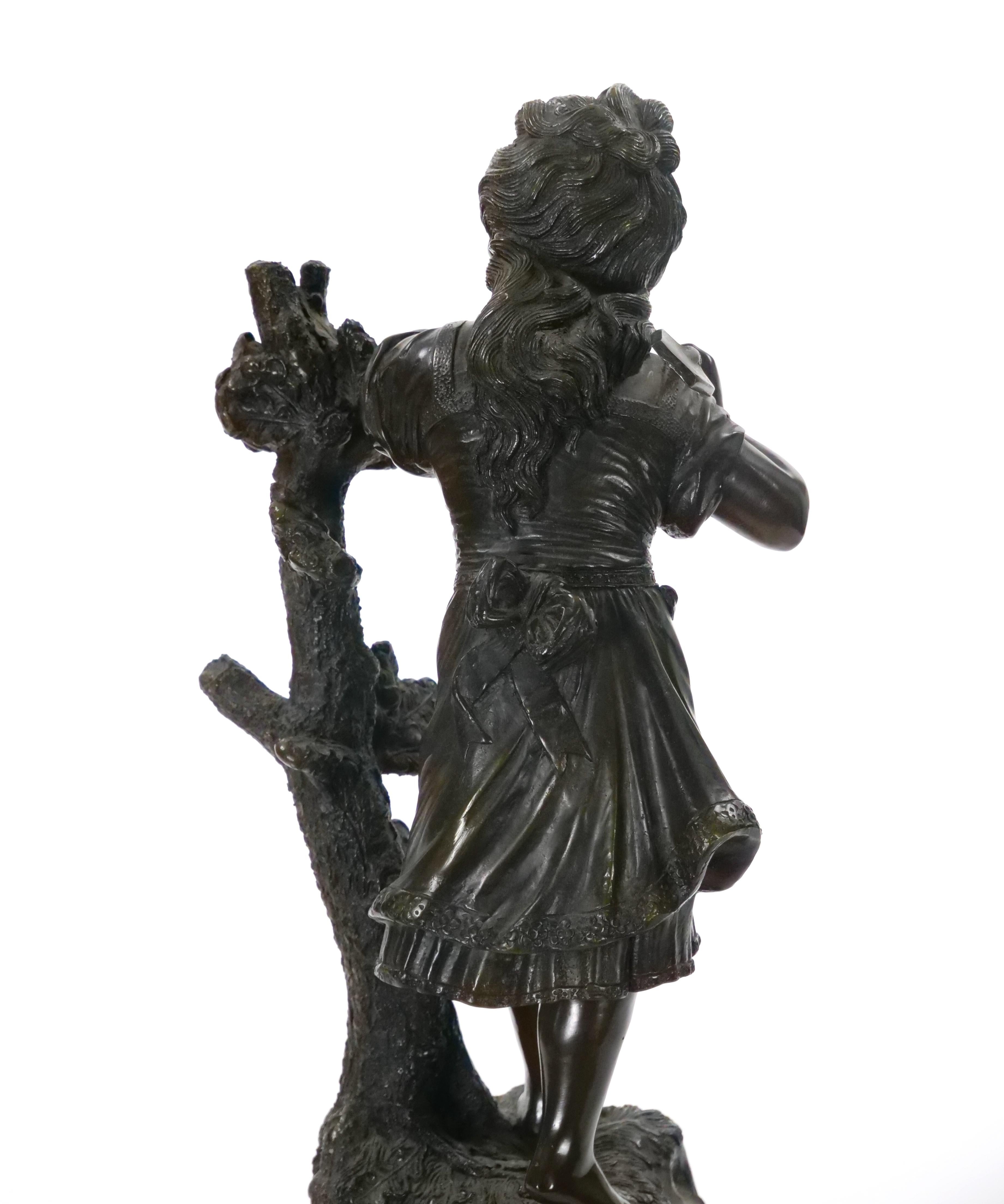 Metà XIX secolo Scultura in bronzo di giovane ragazza / Base in marmo di Moreau in vendita