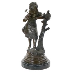 Bronze Sculpture Of Young Girl / Marble Base By Moreau