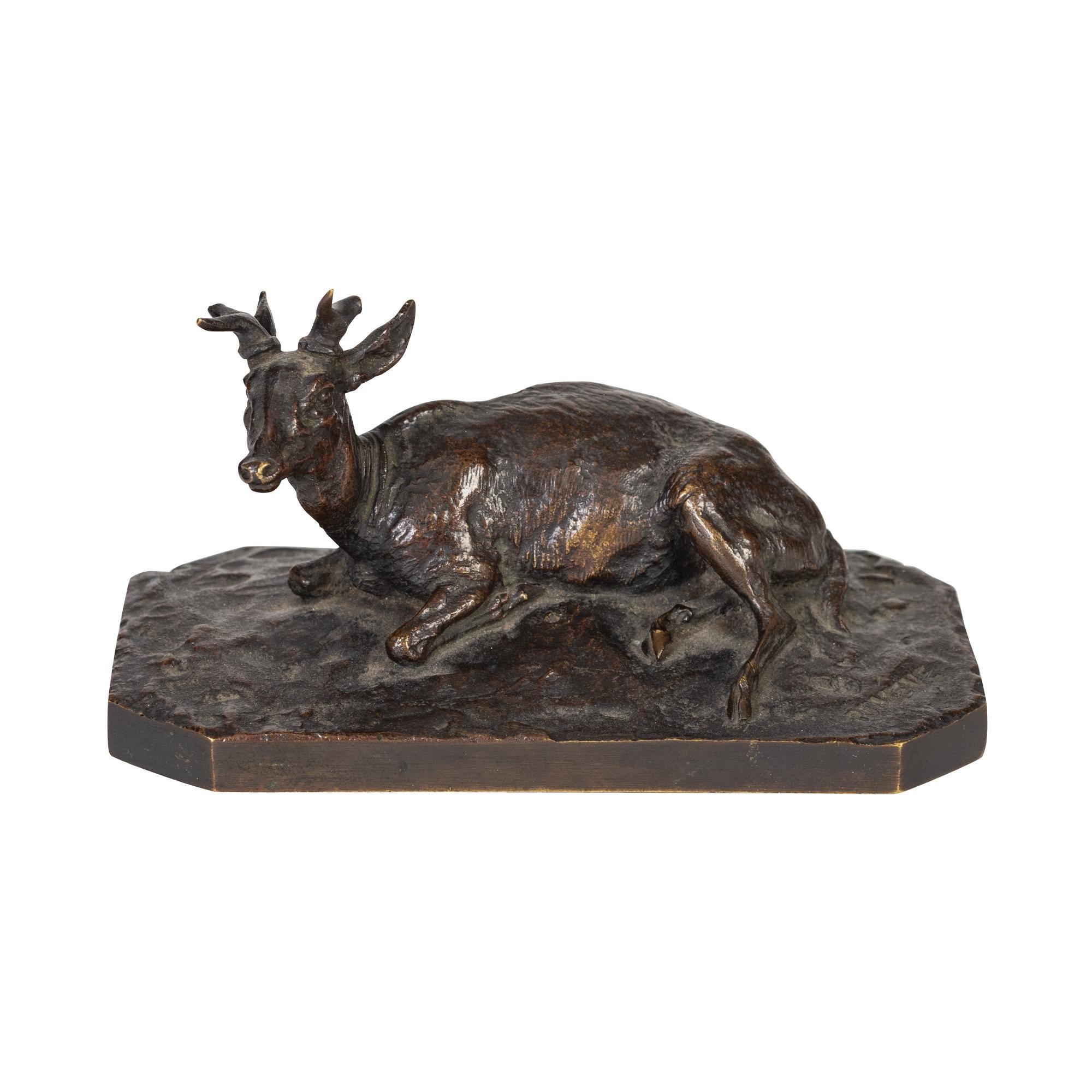 Pierre-Jules MÈNE (1810-1879)
French, A bronze sculpture of a young stag
olive patina, finely cast and chiseled, 
signed in the cast PJ MENE, 
Dimensions: 
Width 4.80 in. (12.2 cm.) 
Depth 2.63 in. (6.7 cm.) 
Height 2.48 in. (6.3 cm.).
 