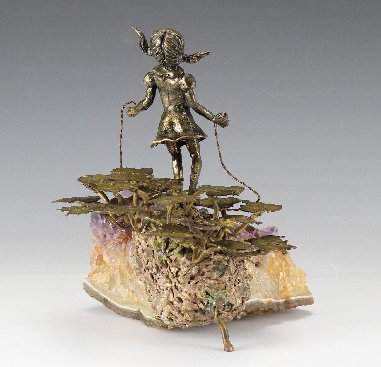 American Bronze Sculpture on Amethyst Crystals, Small Girl Jumping Rope For Sale