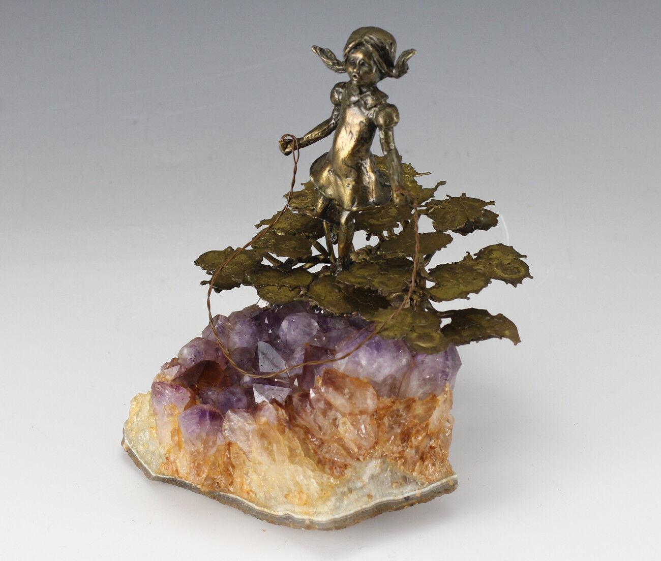 Bronze Sculpture on Amethyst Crystals, Small Girl Jumping Rope In Good Condition For Sale In Gardena, CA