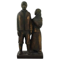 Bronze Sculpture on Marble Base, Elderly Couple, 1950s