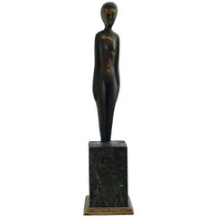 Bronze Sculpture on Marble Pedestal, Naked Woman in Minimalist Style