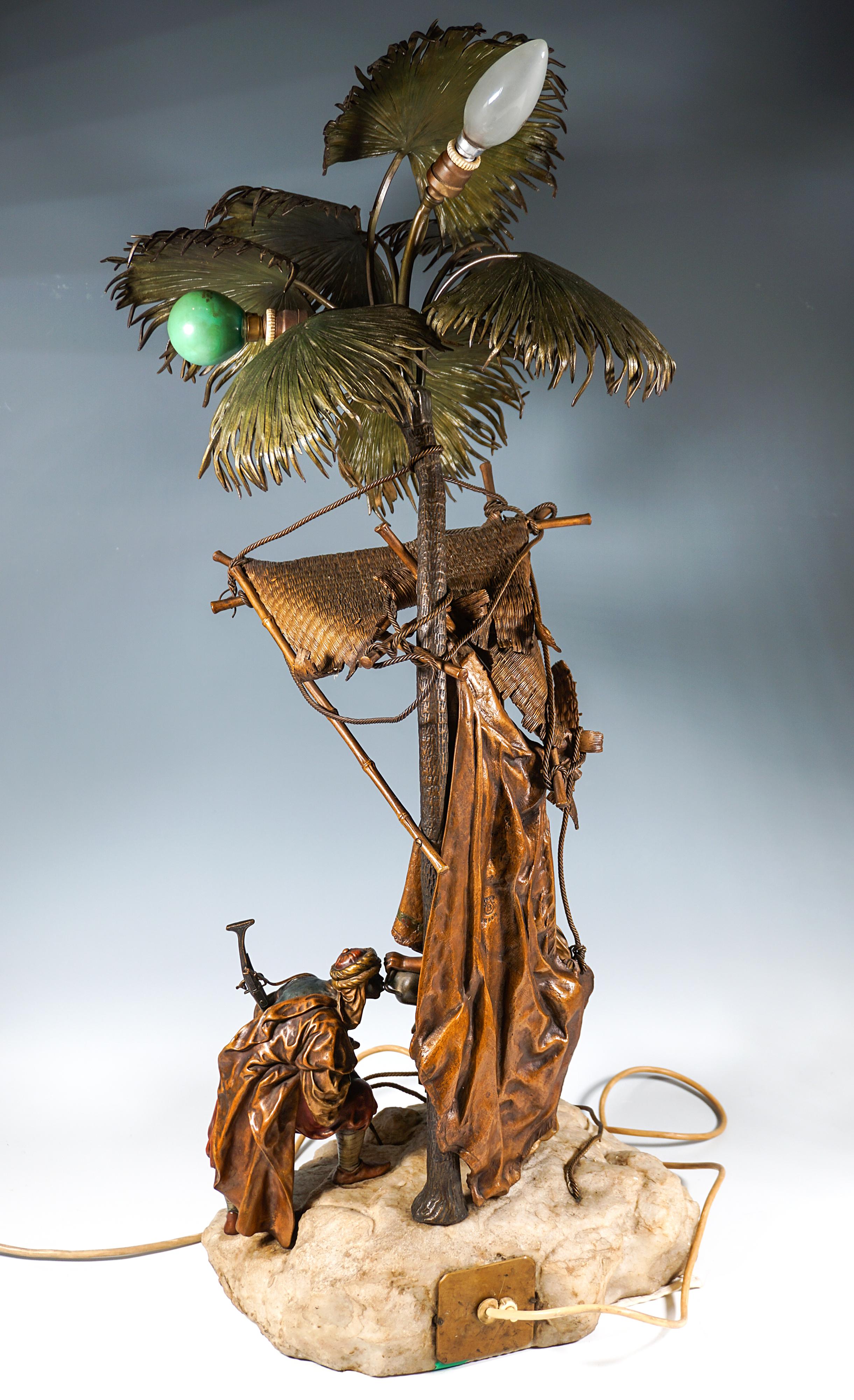 Escultura de bronce, Escena oriental bajo palmeras con iluminación, Bergmann Vienna siglo XX