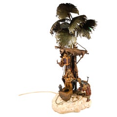 Bronze Sculpture, Oriental Scene Under Palm Trees With Lighting, Bergmann Vienna