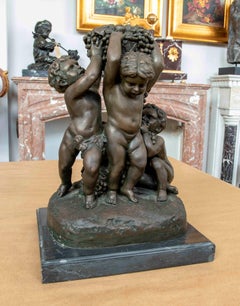 Bronze Sculpture “Putti with a Bunch of Grapes” Signed M. Barbier